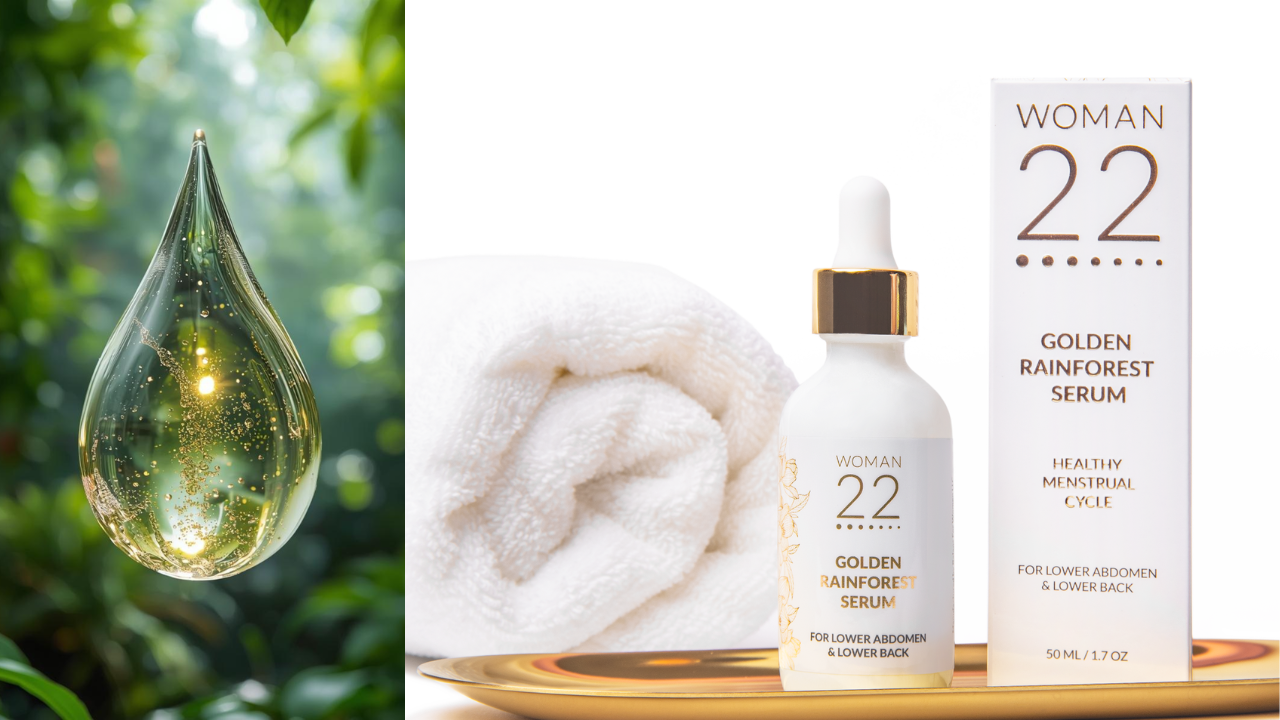 Load video: This is a video about Woman 22 Serum showing the beautiful packaging, the display, and how simple it is to use the serum.  It also shares some of the natural ingredients, and how easy it is to use and apply the serum on the lower abdomen and lower back.