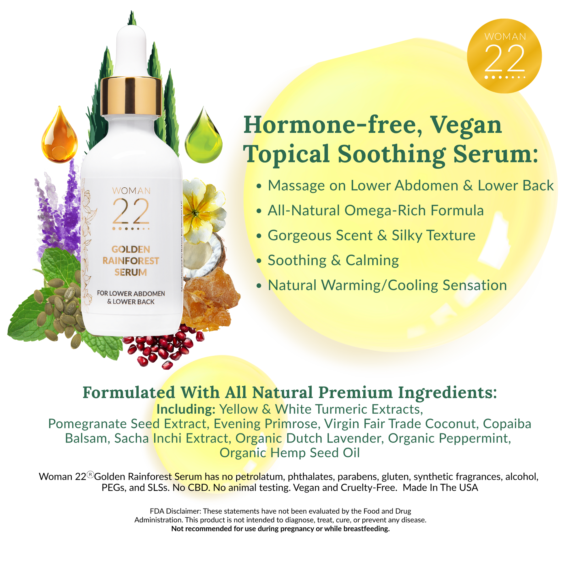 Woman 22 Golden Rainforest Serum – all natural topical soothing serum with rainforest botanicals, free from harsh additives, for women's wellness, omega-rich formula, gorgeous scent and silky texture, use day or night