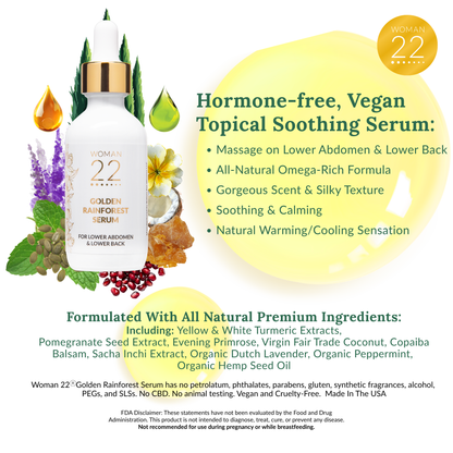 Woman 22 Golden Rainforest Serum – all natural topical soothing serum with rainforest botanicals, free from harsh additives, for women's wellness, omega-rich formula, gorgeous scent and silky texture, use day or night