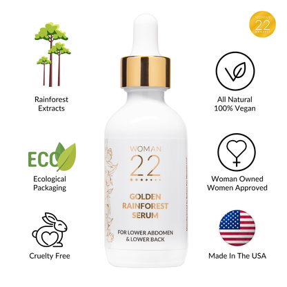 Woman 22 Golden Rainforest Serum – eco-friendly, recyclable packaging, proudly made in the USA with clean botanical ingredients