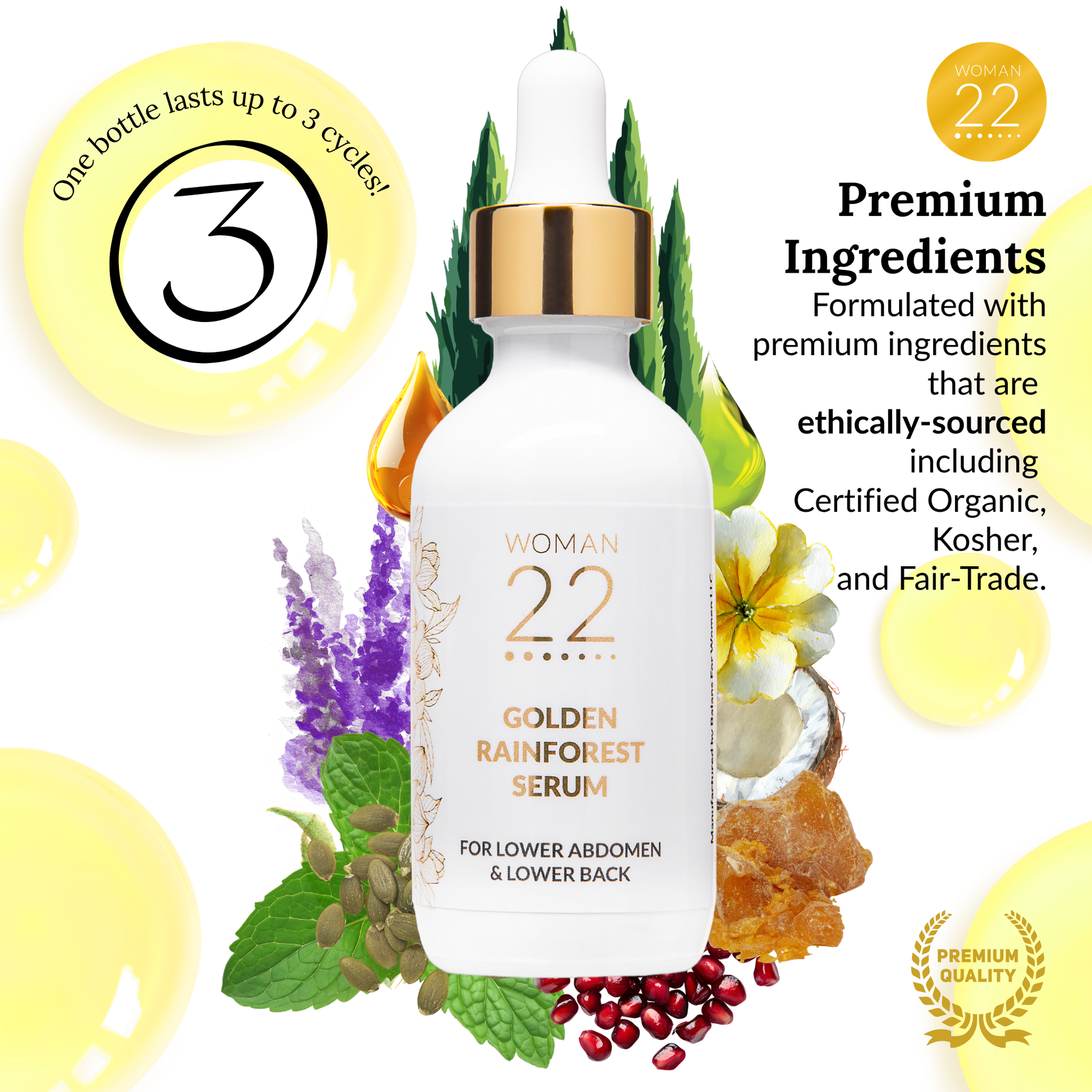 Woman 22 Golden Rainforest Serum featuring premium natural ingredients like rainforest botanicals and gentle floral essences for women's self-care